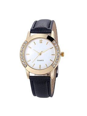 Women's Diamond Crystal Rhinestone Leather Quartz Wrist Watch-Black